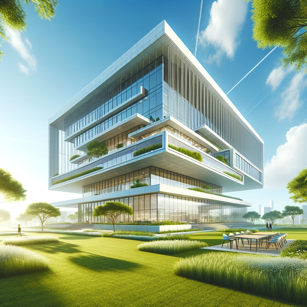 DALL·E 2024-04-18 11.08.36 - A professional architectural rendering of a modern building, now set in a bright and airy landscape. The design should maintain the sleek, futuristic